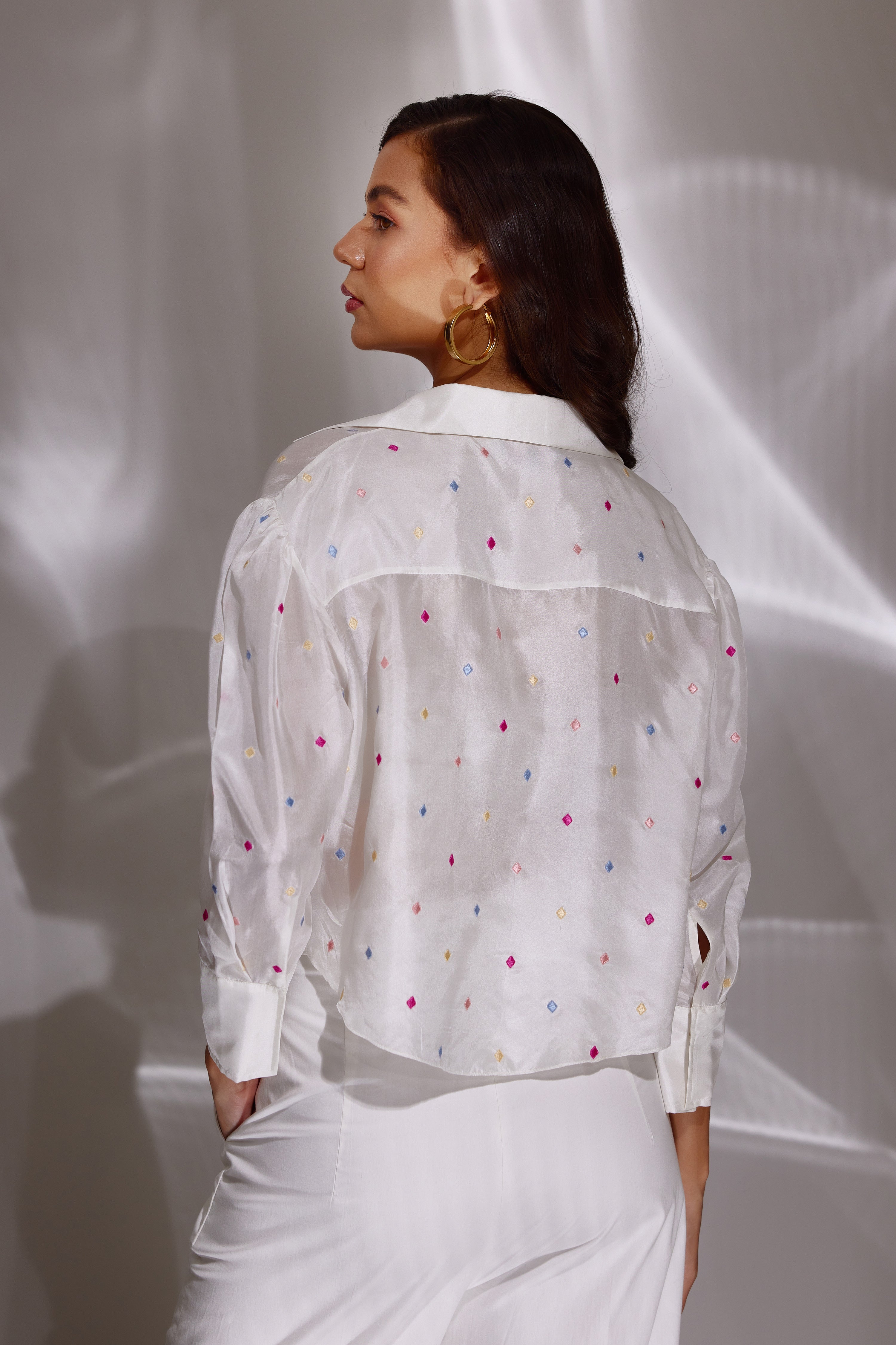 White Poppins Silk Embroidered Knotted Top, BeTure, Be True