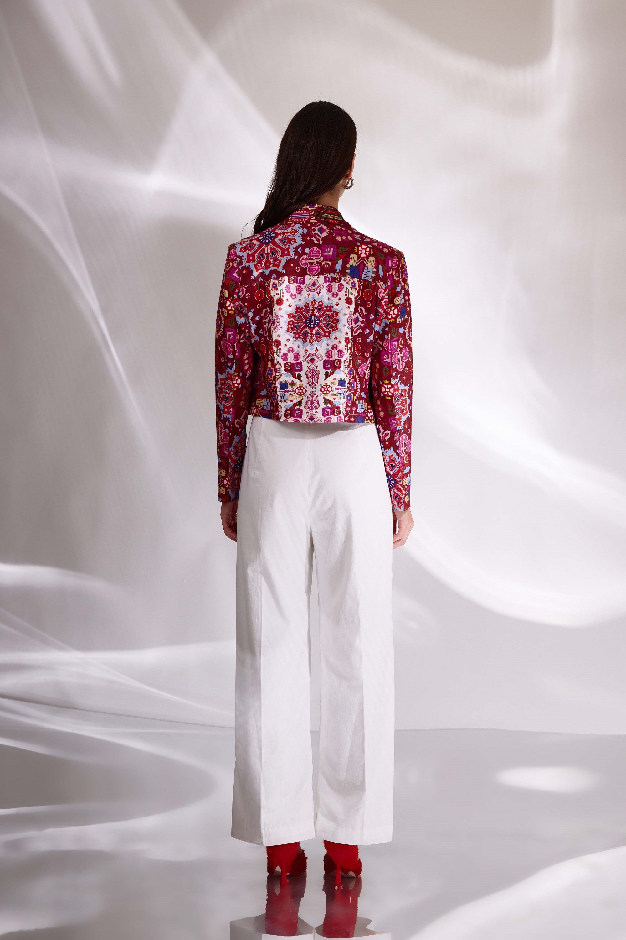 Kashan White And Red Print Hand Embroidered Biker Jacket In Handloom Organic Cotton And Banana Silk, BeTrue, Be True
