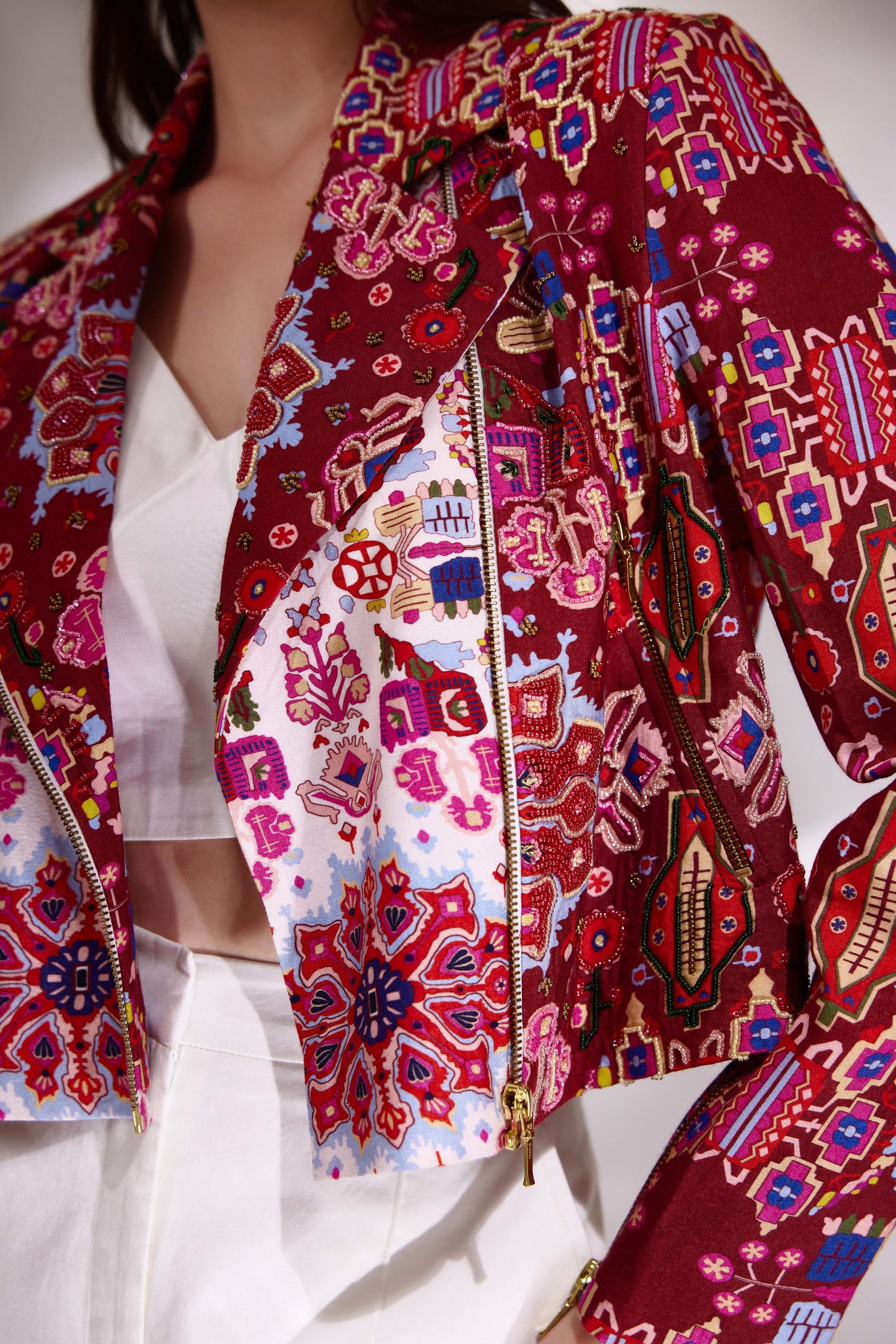 Kashan White And Red Print Hand Embroidered Biker Jacket In Handloom Organic Cotton And Banana Silk, BeTrue, Be True