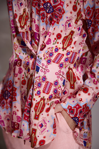 Pink Kashan Print Silk Drape Shirt