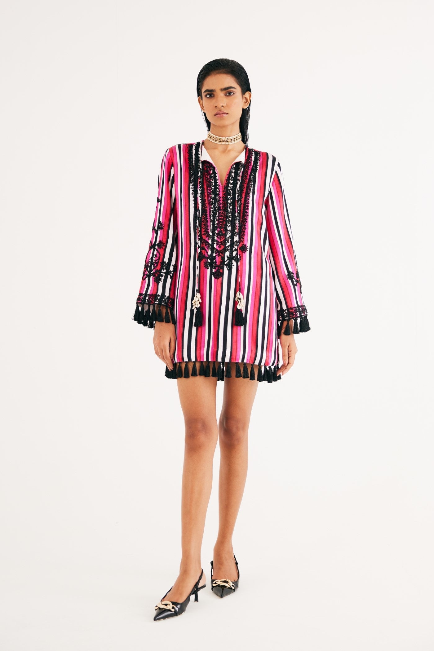 Rani pink Stripe Mashroo Satin Embroidered Tunic and Black Narrow Pants, Black Silk Velvet Narrow Pants, Mashru cotton satin fabric, Flared sleeves with tassels Hand embroidered with sequins, Tassle at sleeves, BeTrue, Be True