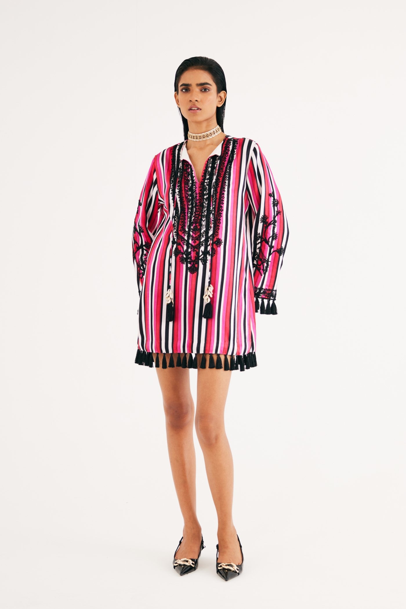 Rani pink Stripe Mashroo Satin Embroidered Tunic