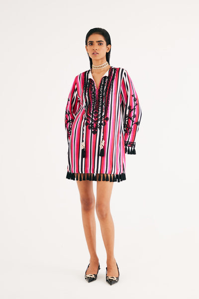 Rani pink Stripe Mashroo Satin Embroidered Tunic