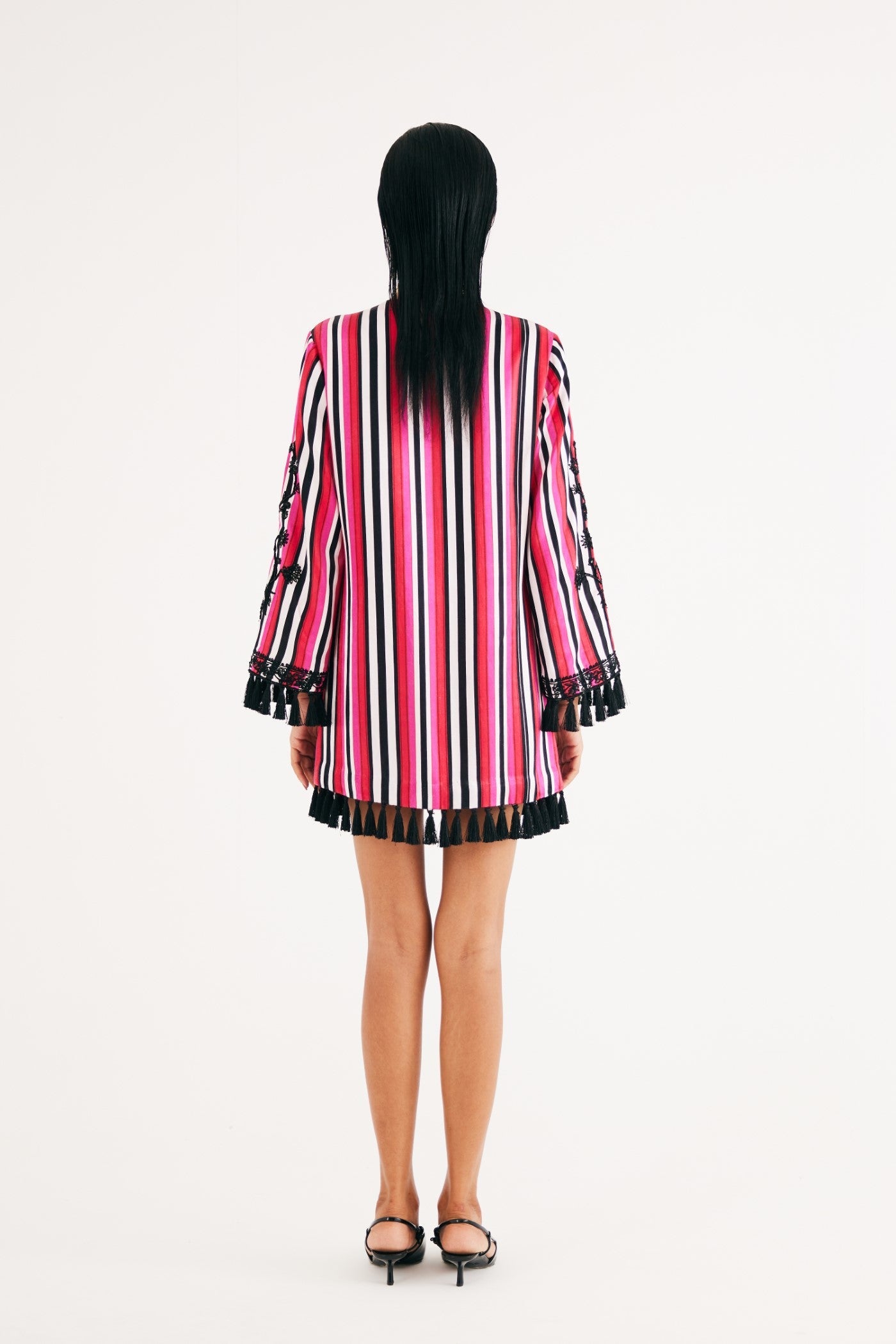 Rani pink Stripe Mashroo Satin Embroidered Tunic and Black Narrow Pants, Black Silk Velvet Narrow Pants, Mashru cotton satin fabric, Flared sleeves with tassels Hand embroidered with sequins, Tassle at sleeves, BeTrue, Be True