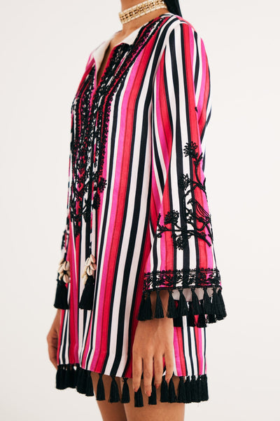 Rani Pink Stripe Mashroo Satin Embroidered Tunic