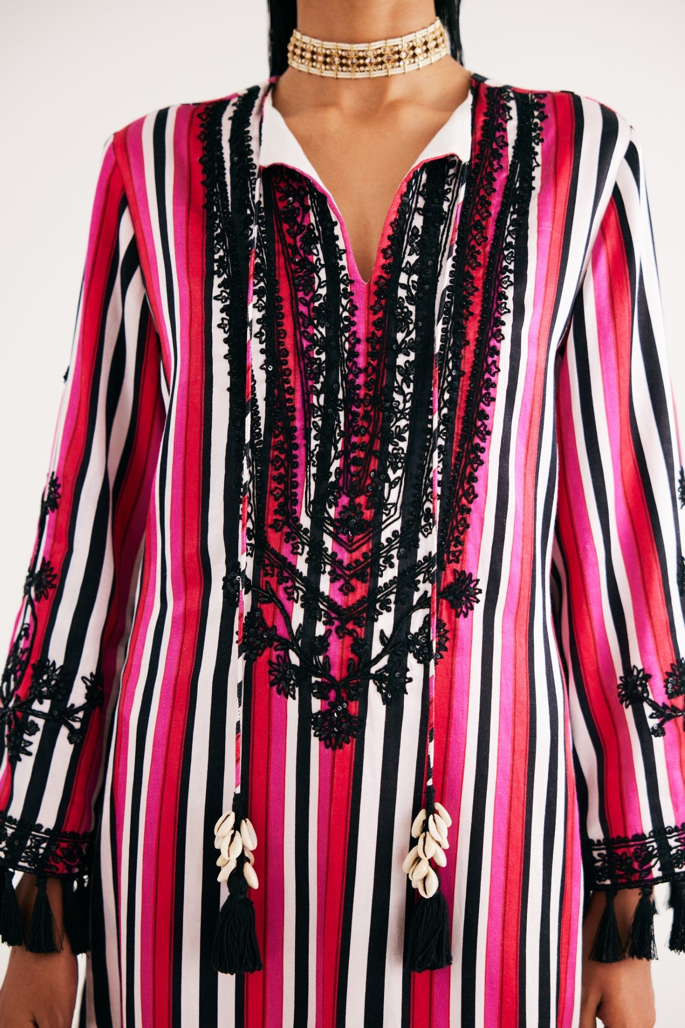 Rani Pink Stripe Mashroo Satin Embroidered Tunic