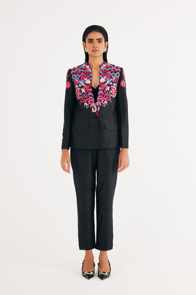 Black silk chanderi floral Embroidered Jacket, Black Silk Velvet Spaghetti Top, Black Silk Velvet Narrow Pants, Spaghetti Top and Narrow Pants, Classis Blazer style, Silk chanderi fabric, BeTrue, Be True