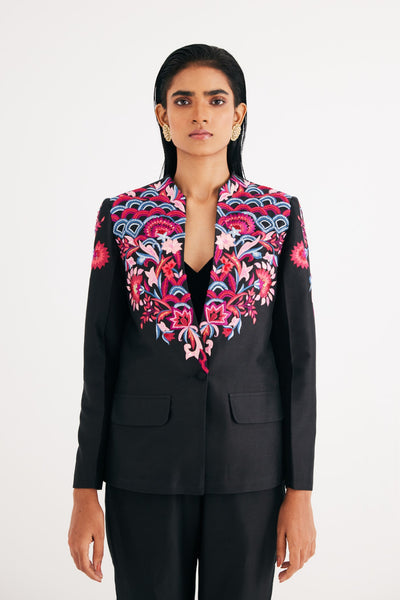 Black silk chanderi floral Embroidered Jacket