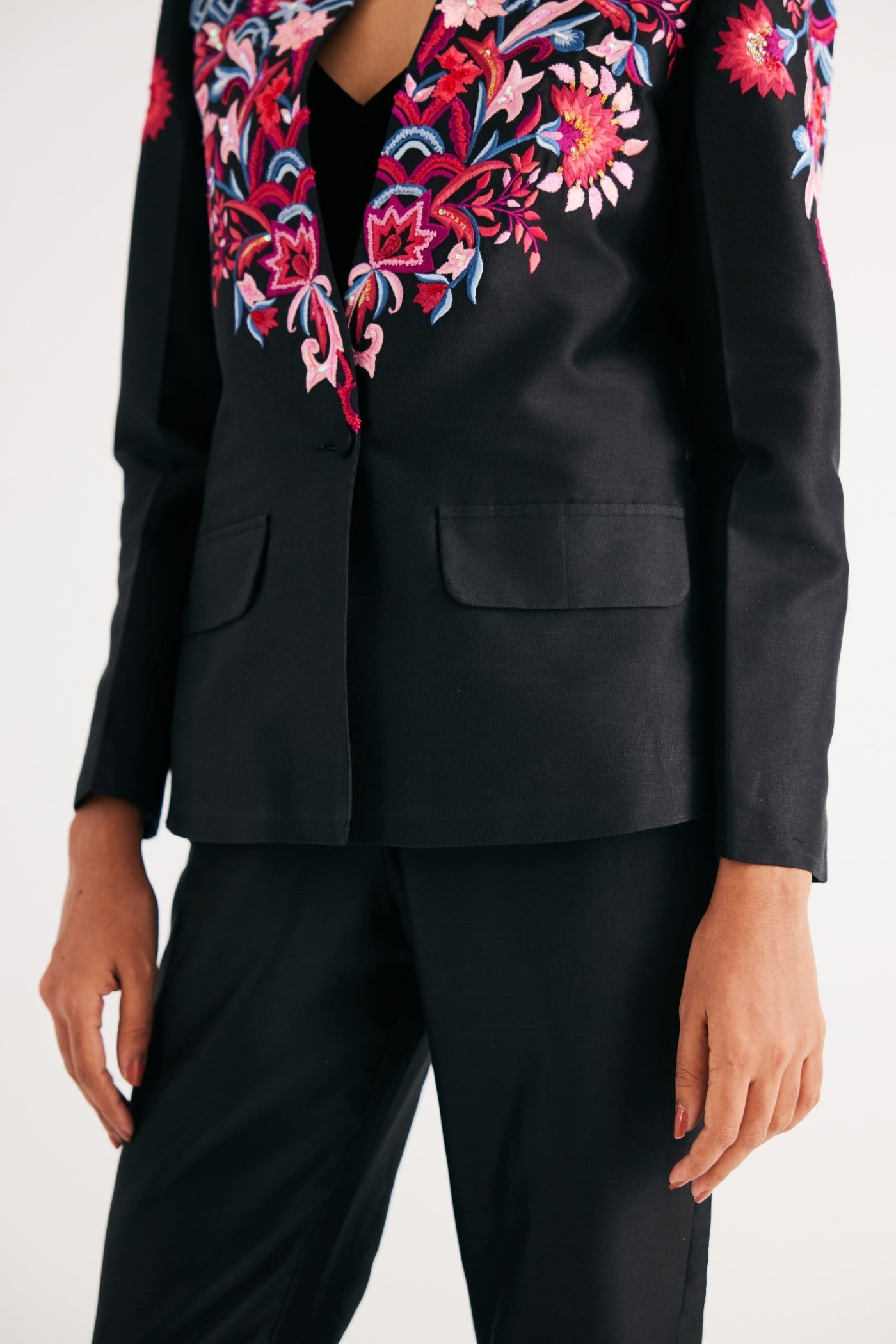 Black Silk Chanderi Floral Embroidered Jacket