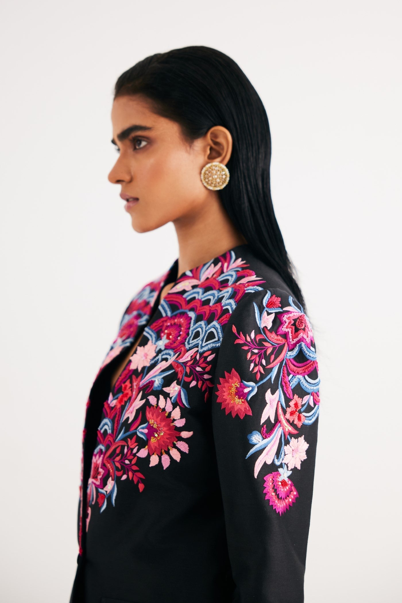 Black Silk Chanderi Floral Embroidered Jacket