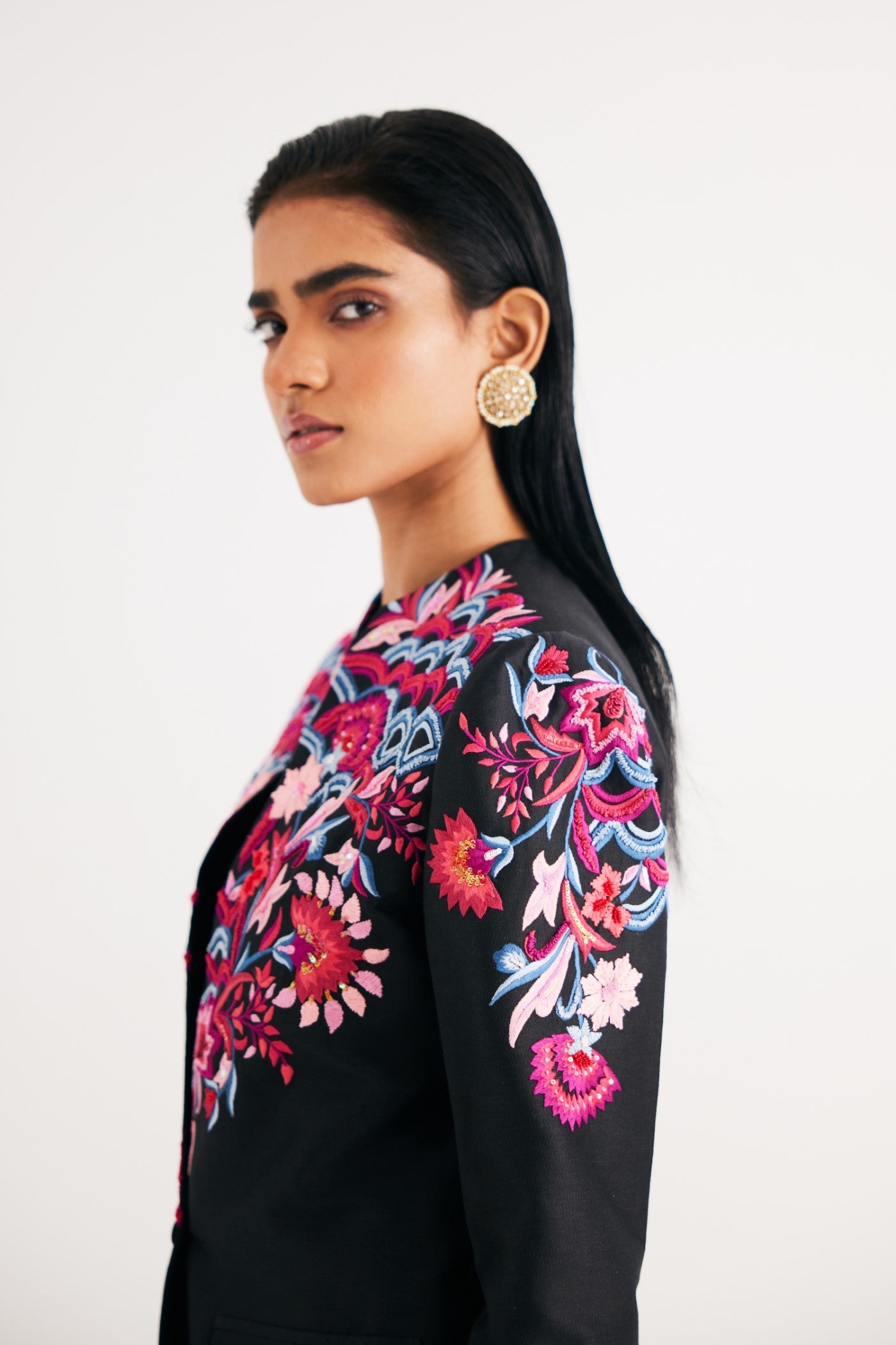 Black Silk Chanderi Floral Embroidered Jacket