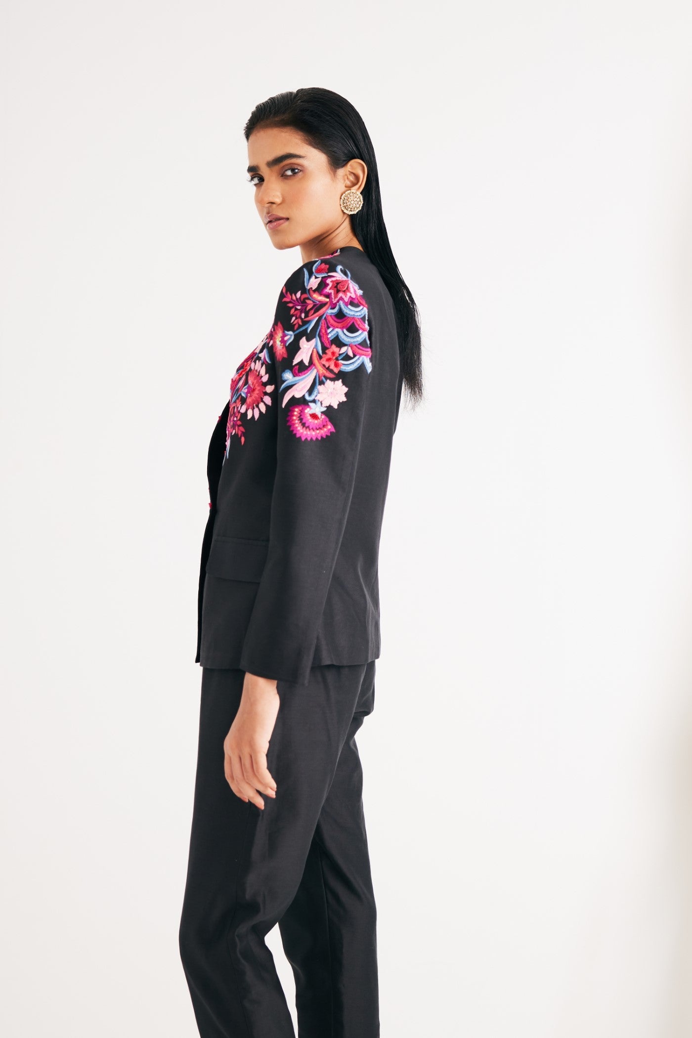 Black silk chanderi floral Embroidered Jacket, Black Silk Velvet Spaghetti Top, Black Silk Velvet Narrow Pants, Spaghetti Top and Narrow Pants, Classis Blazer style, Silk chanderi fabric