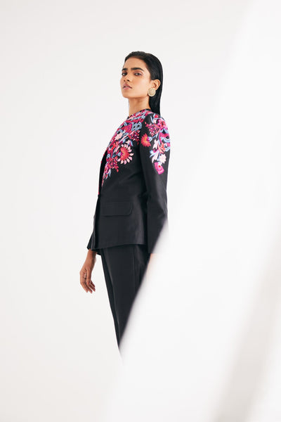 Black silk chanderi floral Embroidered Jacket, Black Silk Velvet Spaghetti Top, Black Silk Velvet Narrow Pants, Spaghetti Top and Narrow Pants, Classis Blazer style, Silk chanderi fabric, BeTrue, Be True