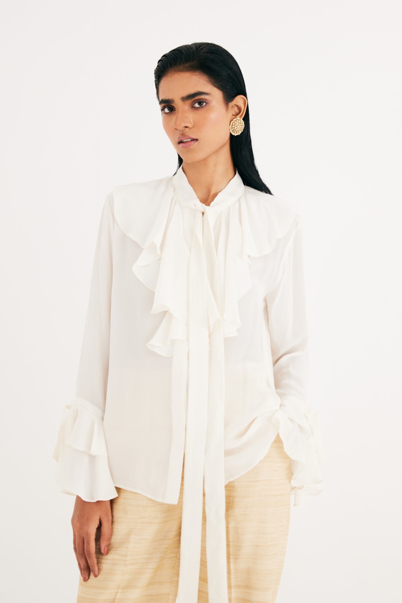 Temple Golden Long Silk Jacket, Ruffle Shirt and Straight Pants, Cream Satin Silk Ruffle Shirt, Long trench style jacket, Natural Tusser Ghicha silk fabric, Lined with mulmul, BeTrue, Be True