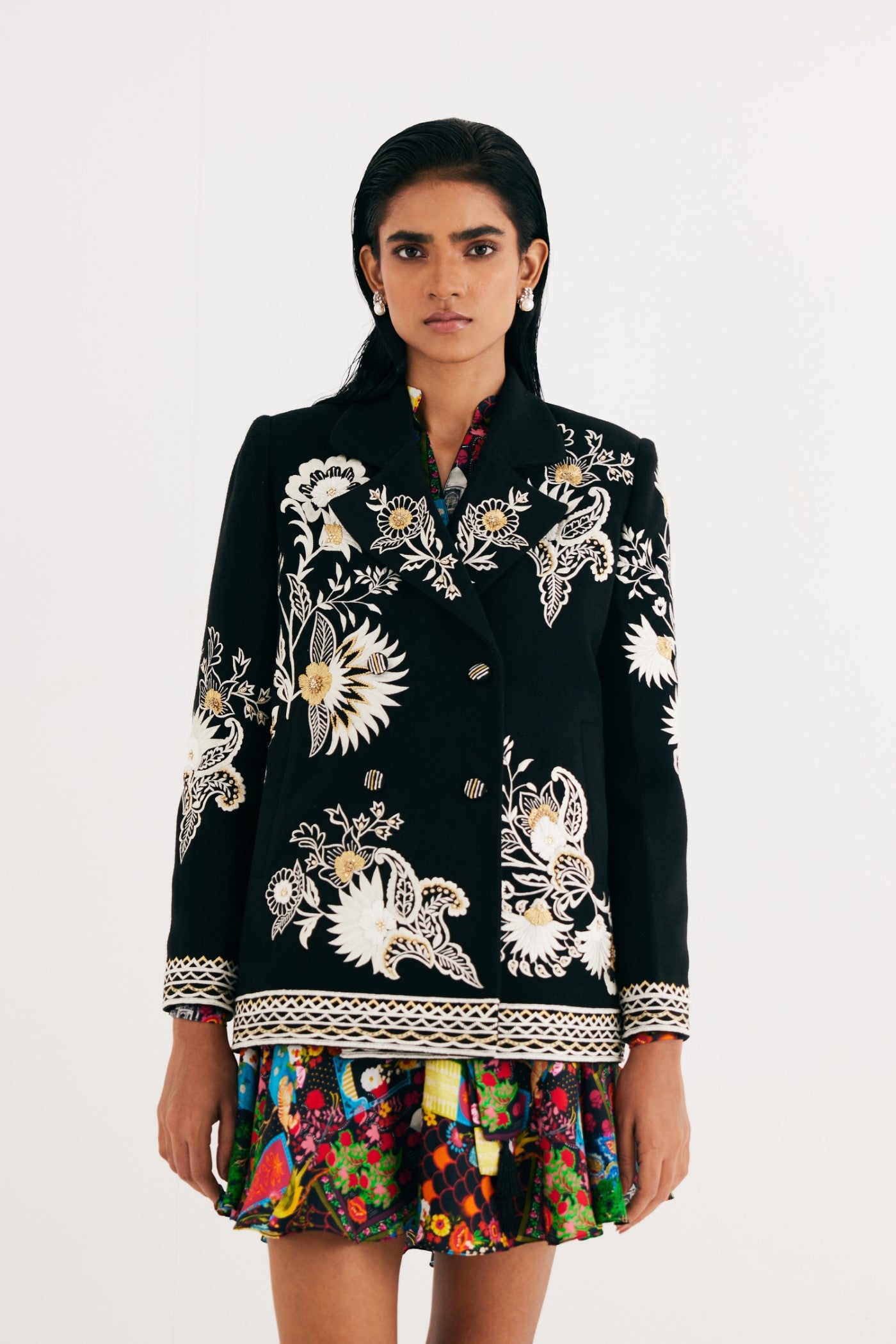 Black Embroidered Floral Wool Jacket