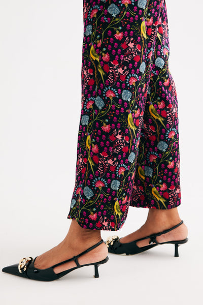 Black Parrot Print Satin Silk Straight Pants