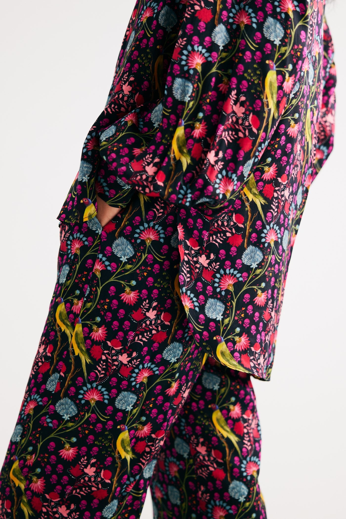 Black Parrot Print Satin Silk Straight Pants