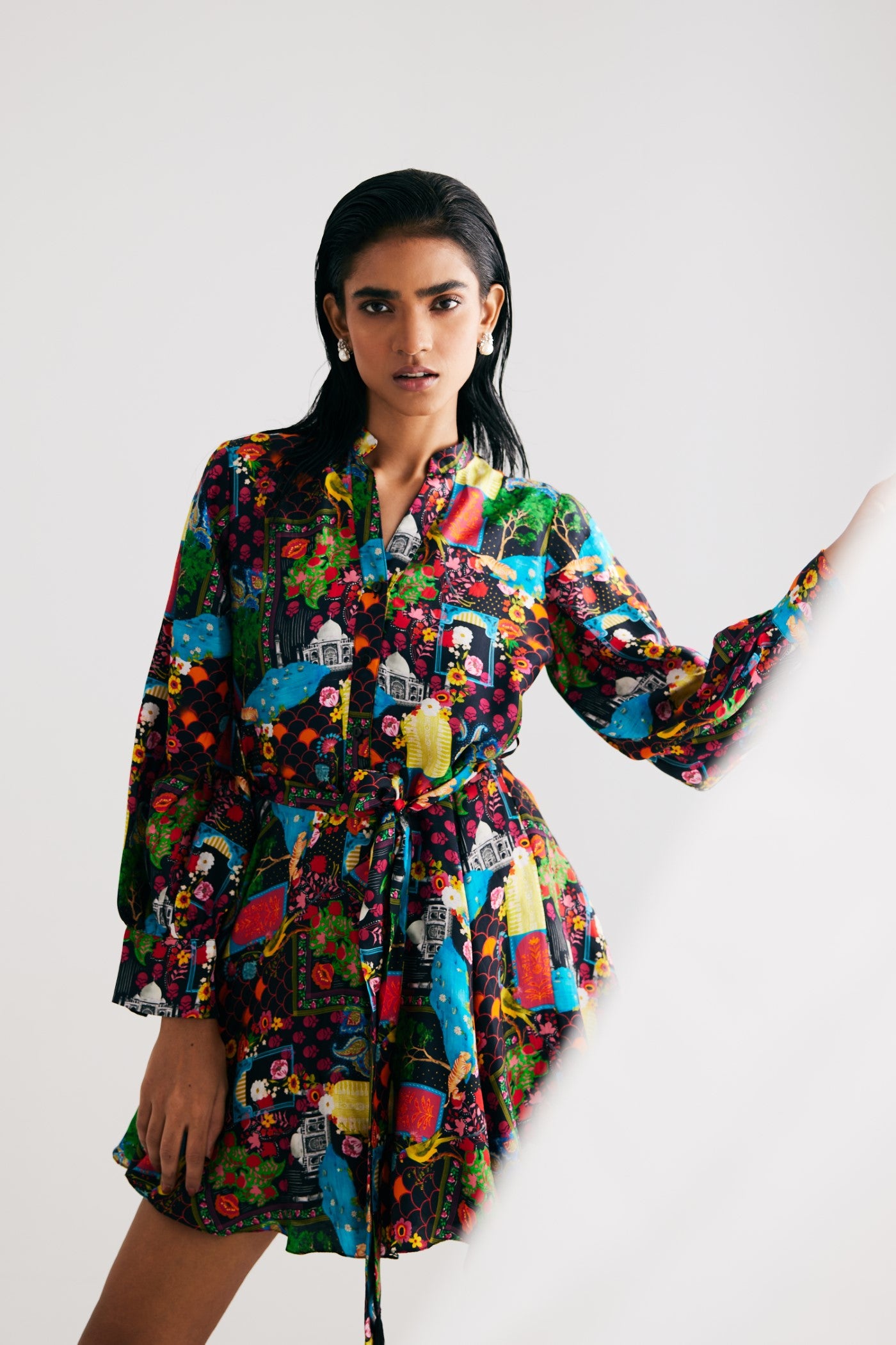 Black India Print  Satin Silk Short Dress