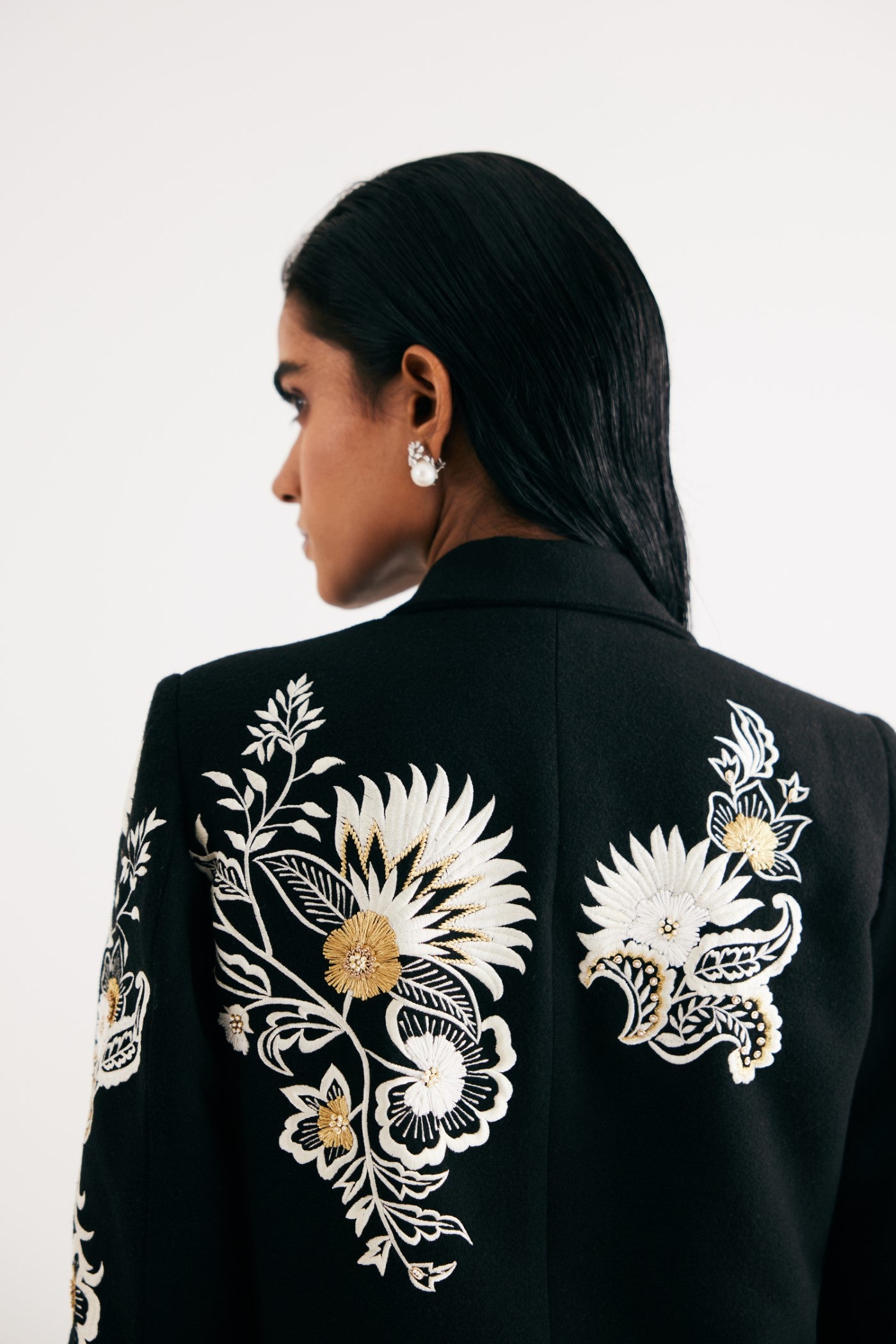 Black Embroidered Floral Wool Jacket