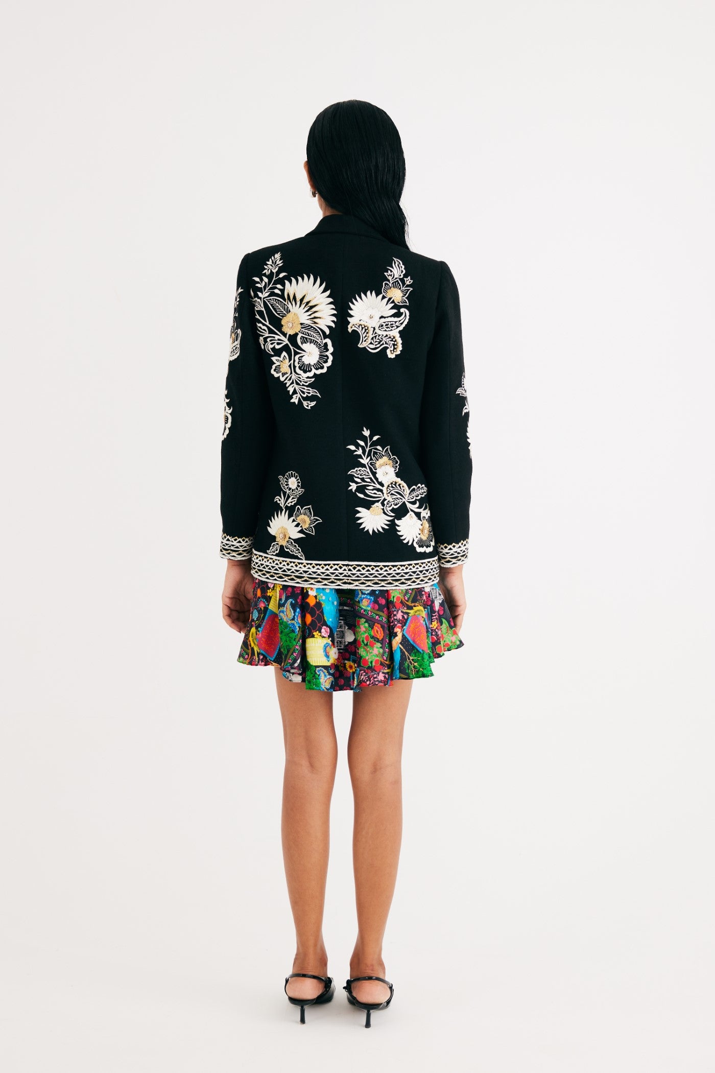 Black Embroidered Floral Wool Jacket