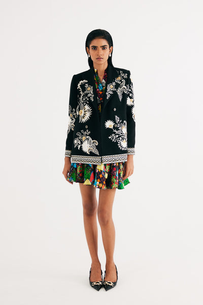 Black Embroidered Floral Wool Jacket