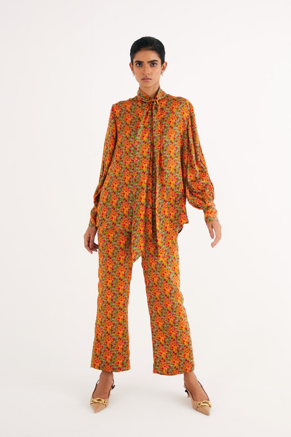 Indian Yellow Satin Silk Printed Shirt and Straight Pants, Indian Yellow Floral Print Satin Silk Straight Pants, Manderian collar style with extended tieup, BeTrue, Be True