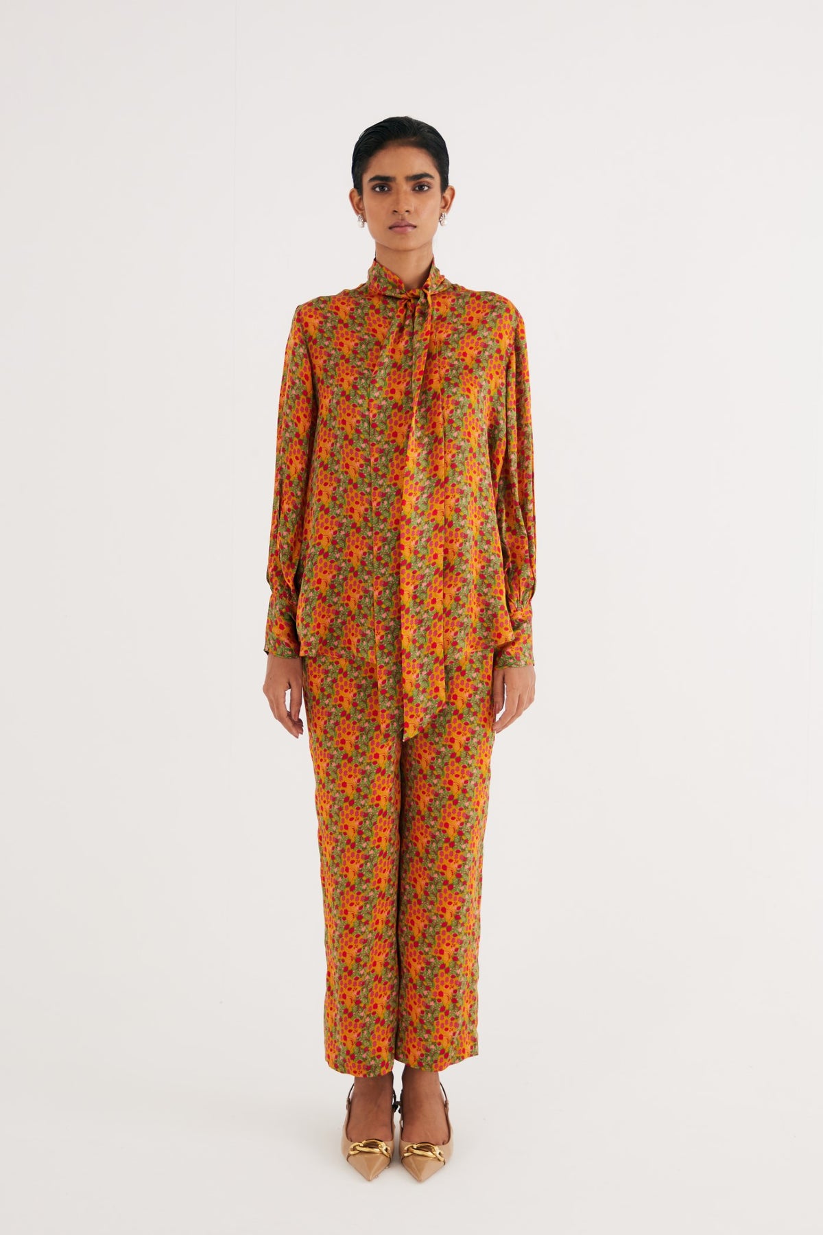 Indian Yellow Satin Silk Printed Shirt and Straight Pants, Indian Yellow Floral Print Satin Silk Straight Pants, Manderian collar style with extended tieup, BeTrue, Be True