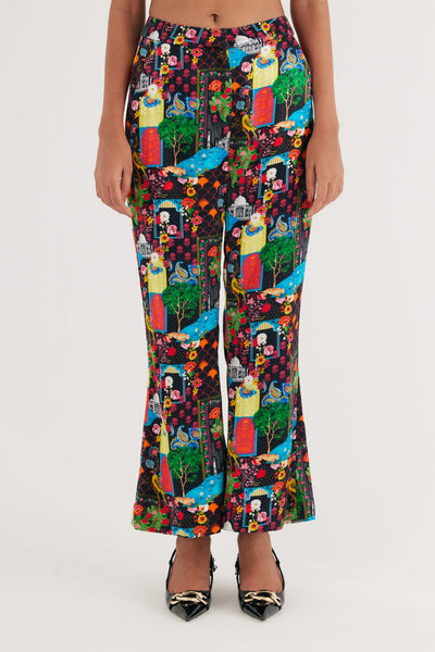 Black India Print Mushroo Cotton Satin Flared Pants