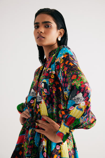 Black India Print Short Dress