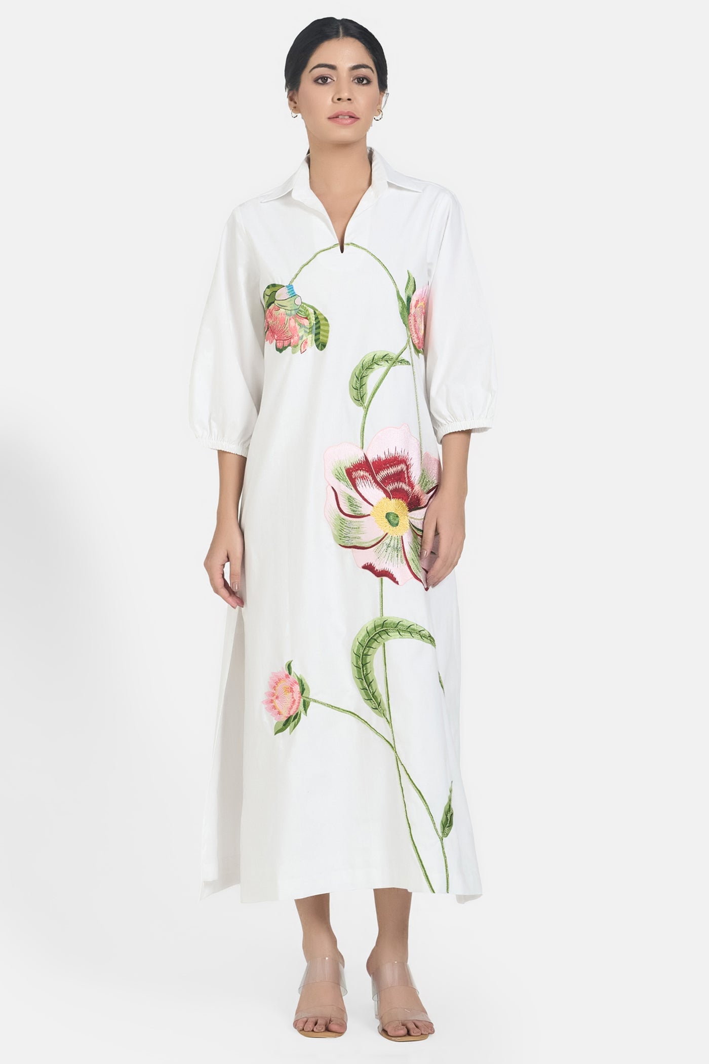 White Long Embroidered Floral Dress