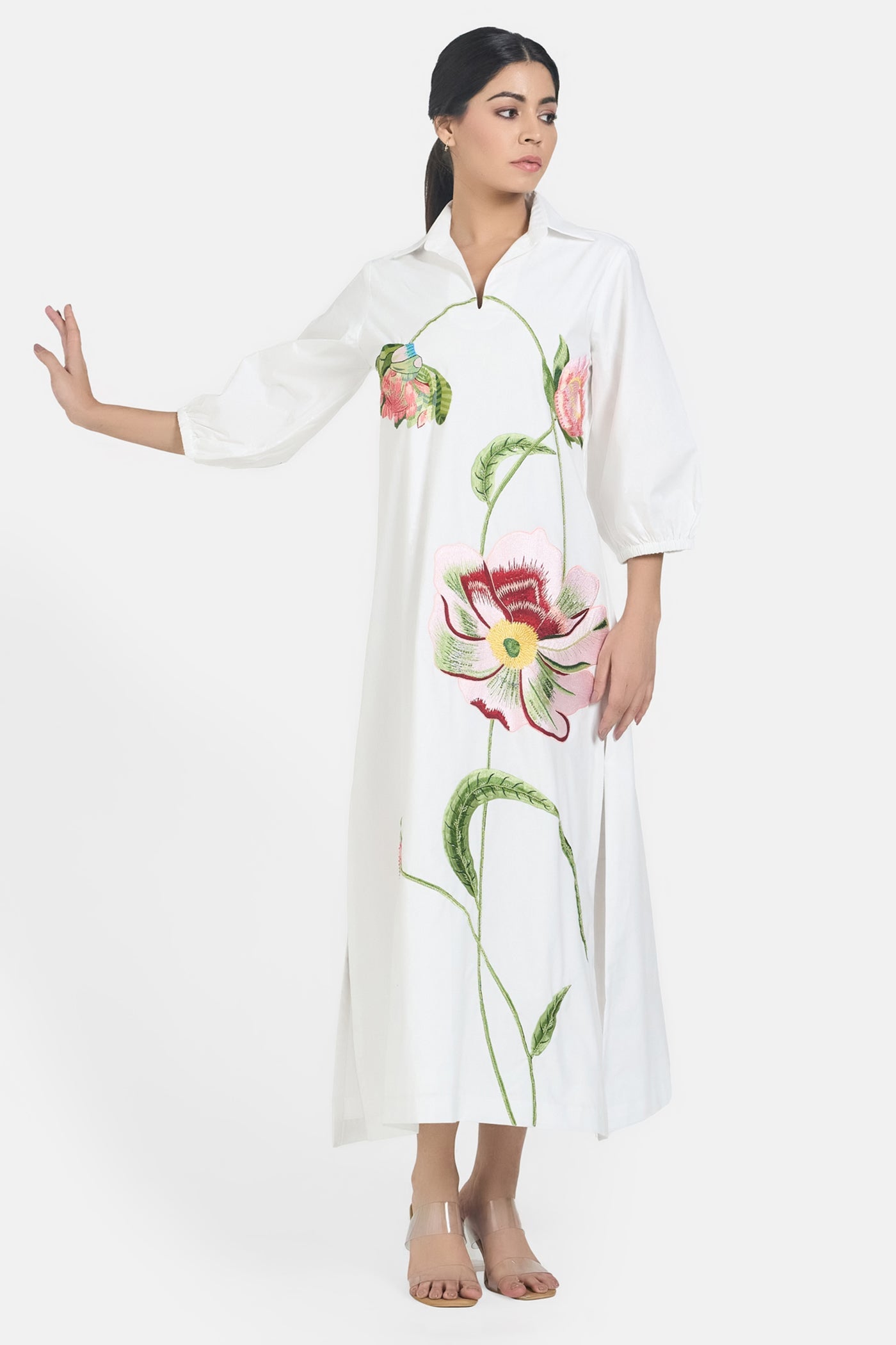 White Long Embroidered Floral Dress