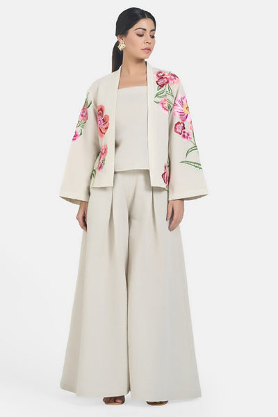 Beige Linen Embroidered Floral Jacket