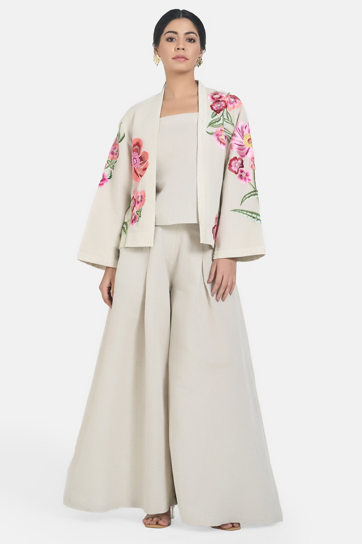 Beige Linen Embroidered Floral Jacket