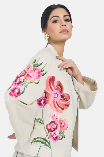 Beige Linen Embroidered Floral Jacket