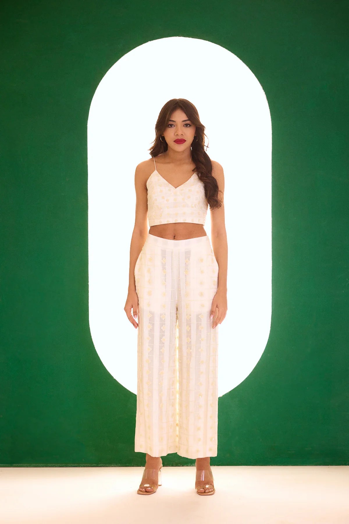 Off White Embroidered Romantic Cape, Bustier And Palazzo Pants Set