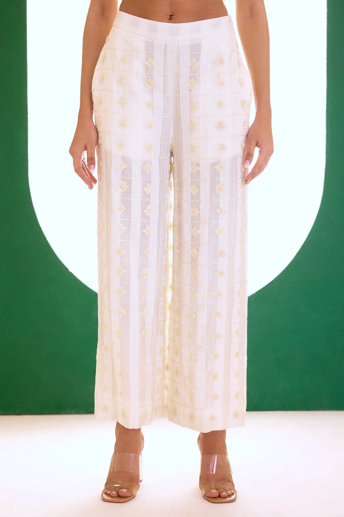 Off White Embroidered Romantic Cape, Bustier And Palazzo Pants Set