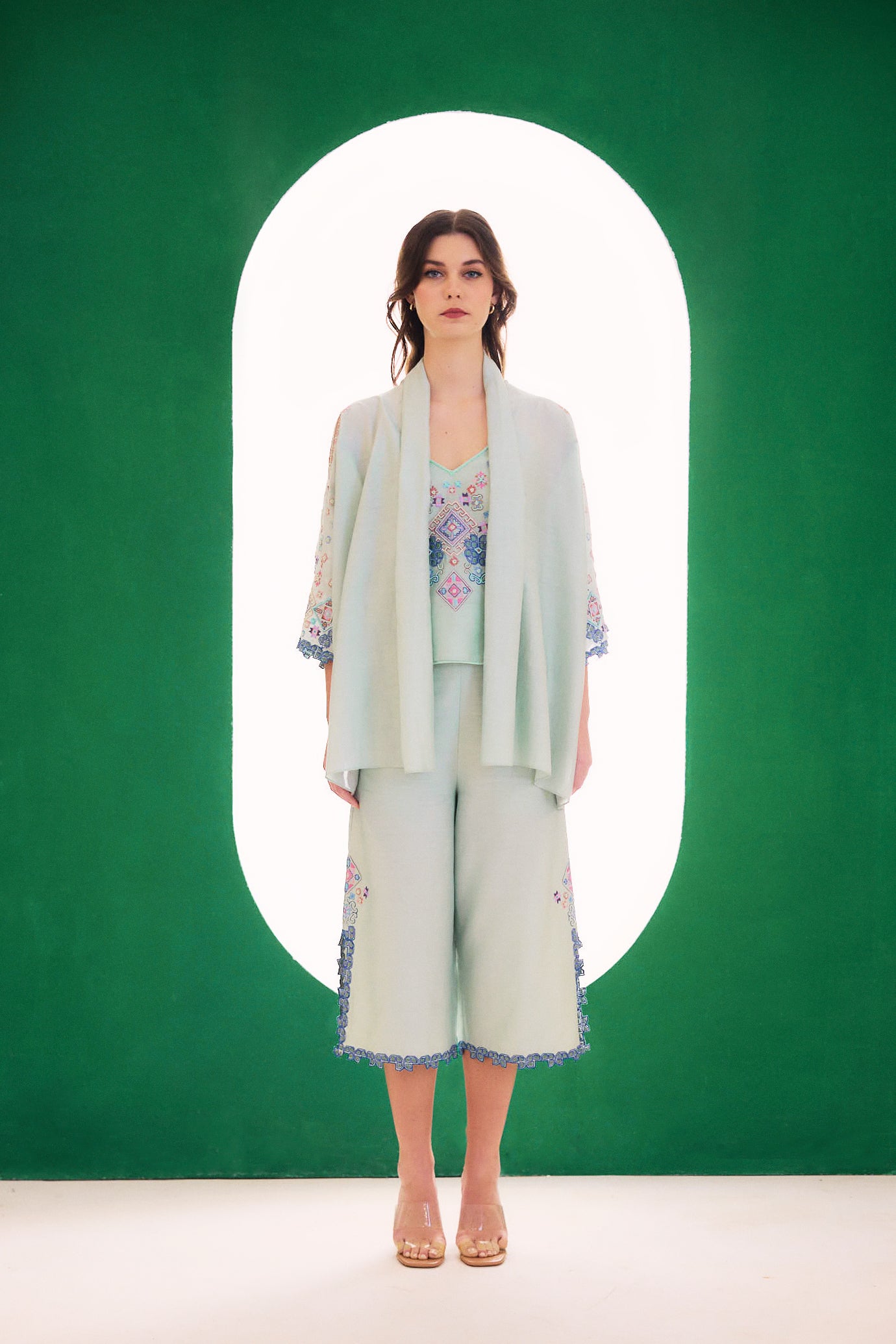 Mint Embroidered Dreamer Cape, Spaghetti And Culotte Set