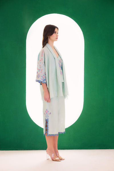 Mint Embroidered Dreamer Cape, Spaghetti And Culotte Set