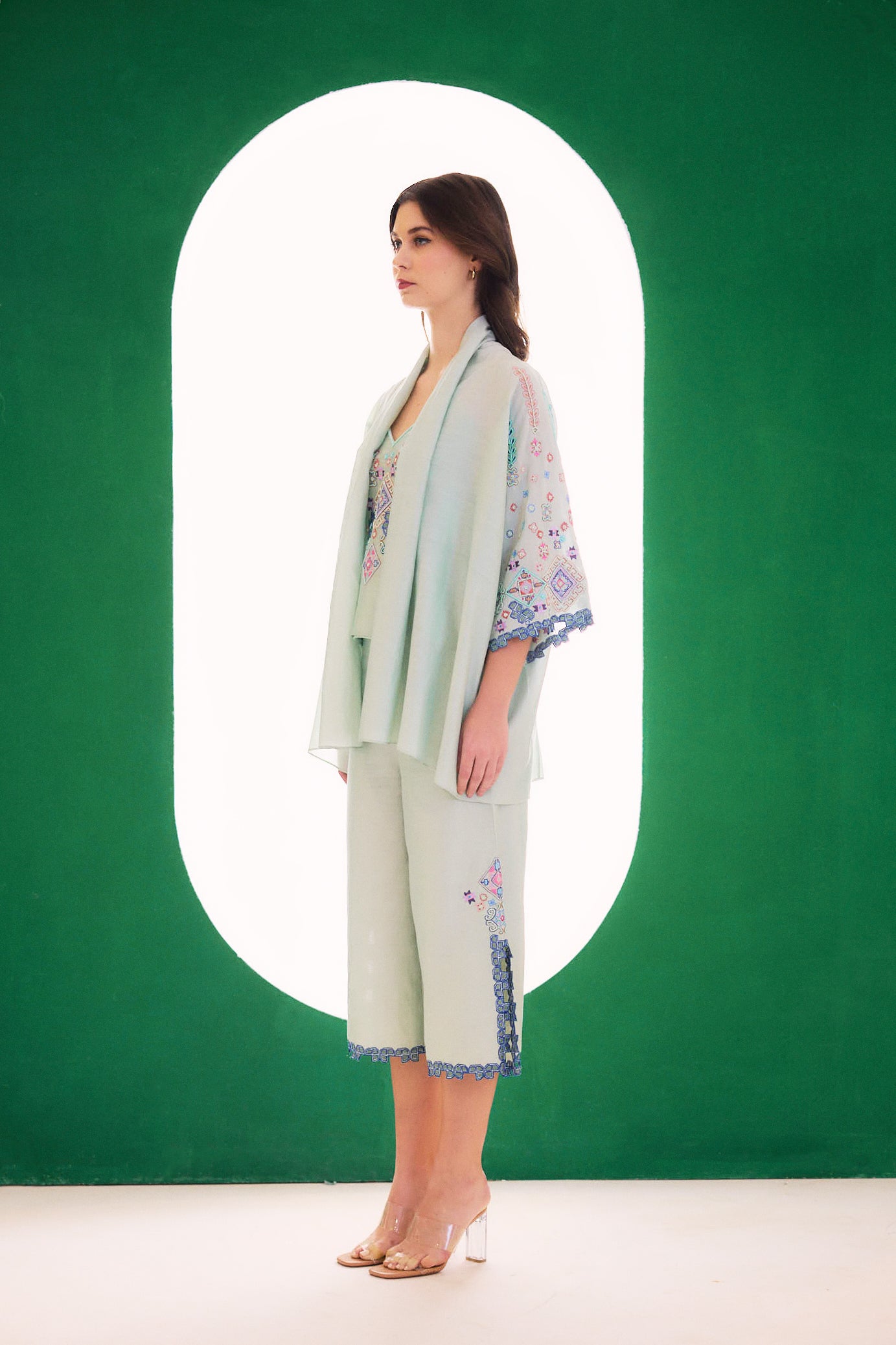 Mint Embroidered Dreamer Cape, Spaghetti And Culotte Set