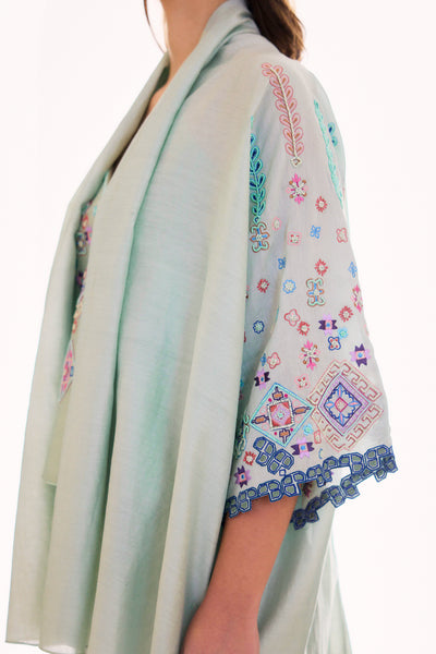 Mint Embroidered Dreamer Cape, Spaghetti And Culotte Set