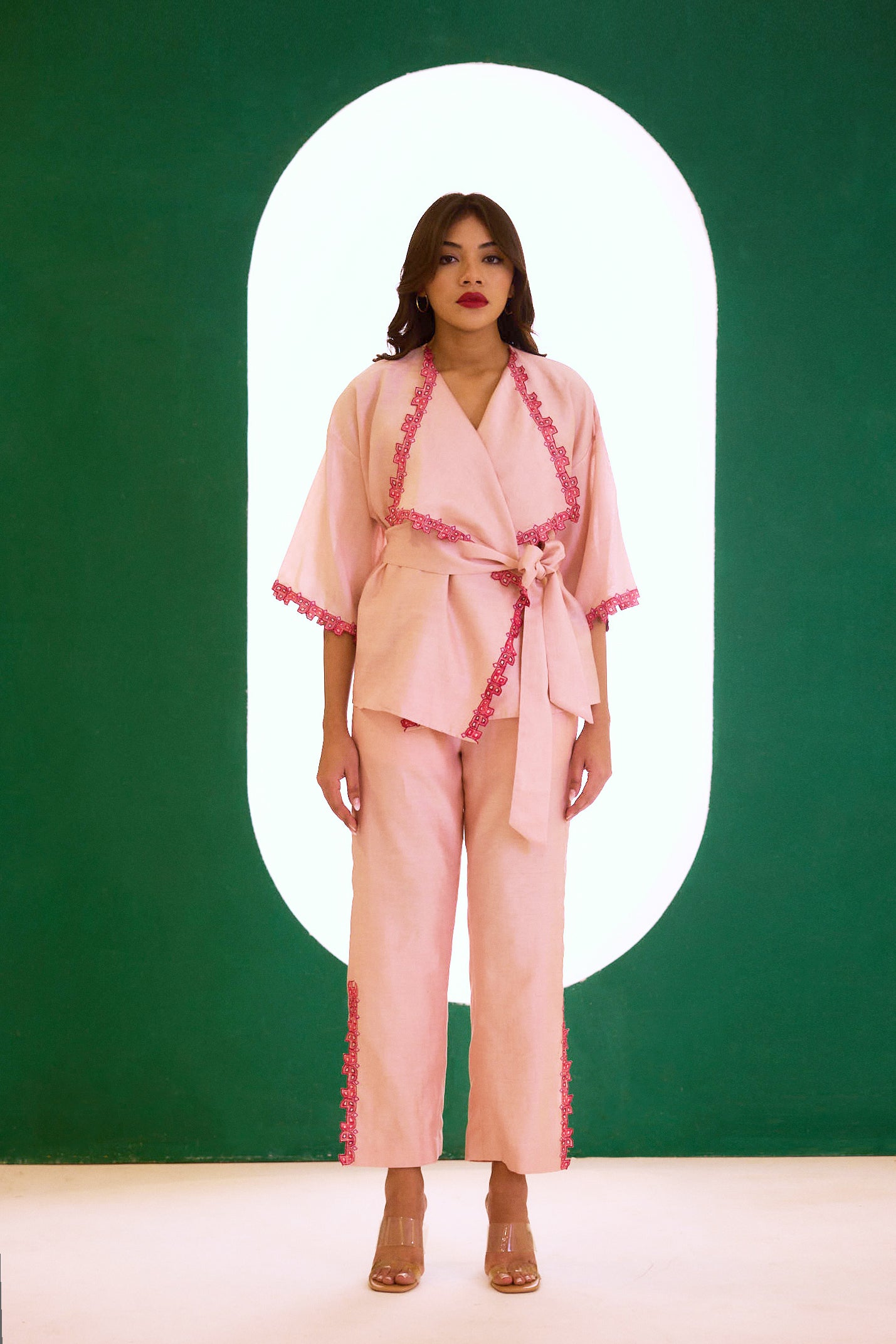 Peach Chanderi Embroidered Cape Set