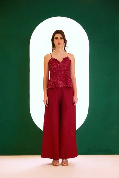 Berry Long Zealous Embroidered Cape, Spaghetti Top And Palazzo Pants Set