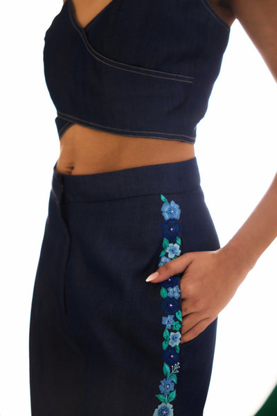 Denim Tencel Embroidered Utopian Floral Pants