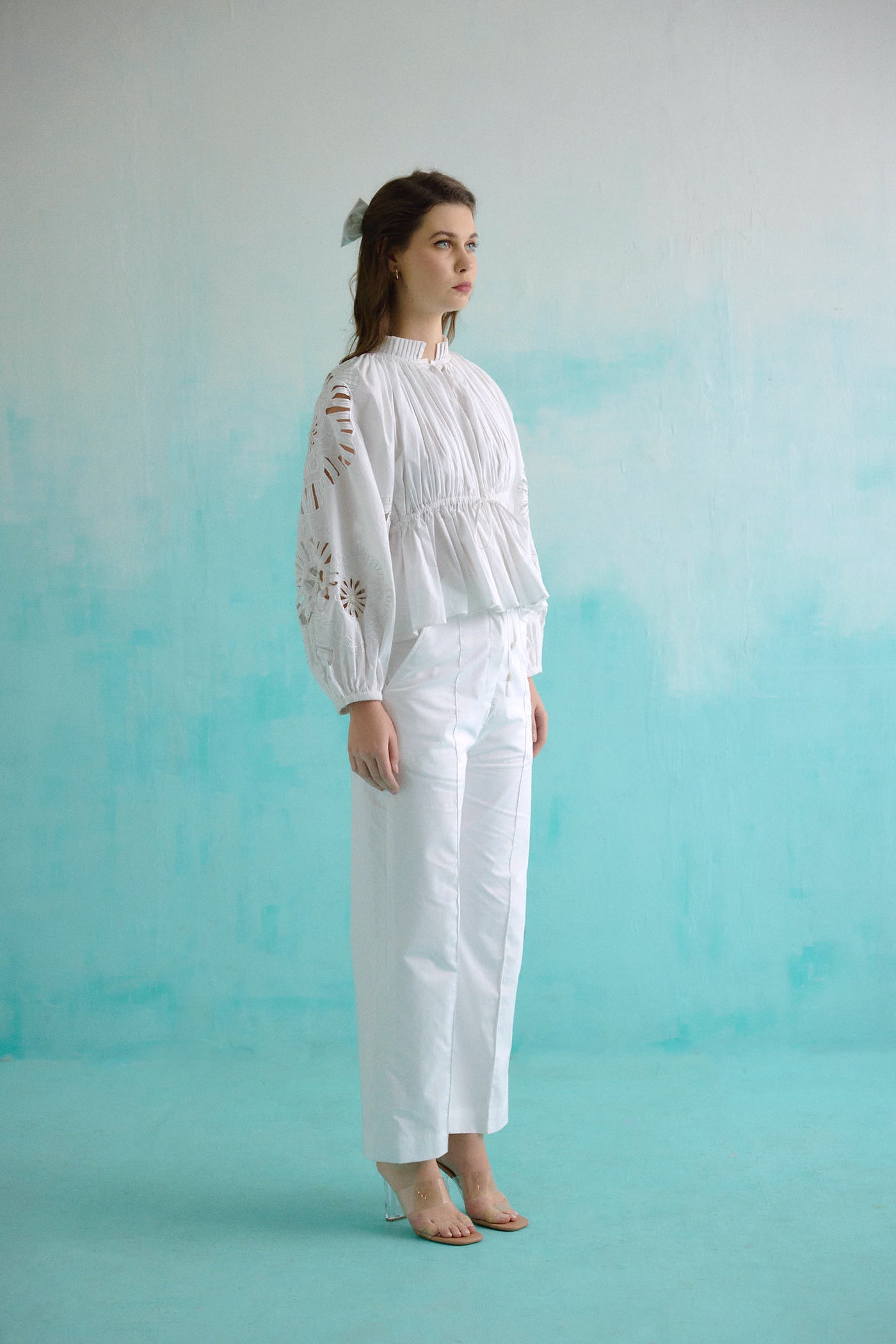 White Gathered Embroidered Bloom Cutwork Blouse