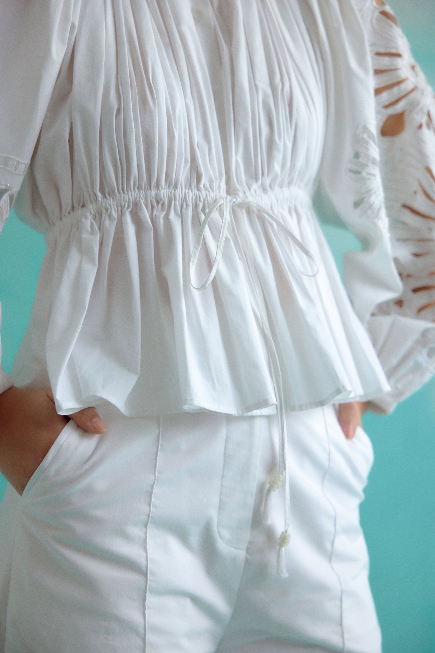 White Gathered Embroidered Bloom Cutwork Blouse