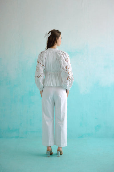 White Gathered Embroidered Bloom Cutwork Blouse