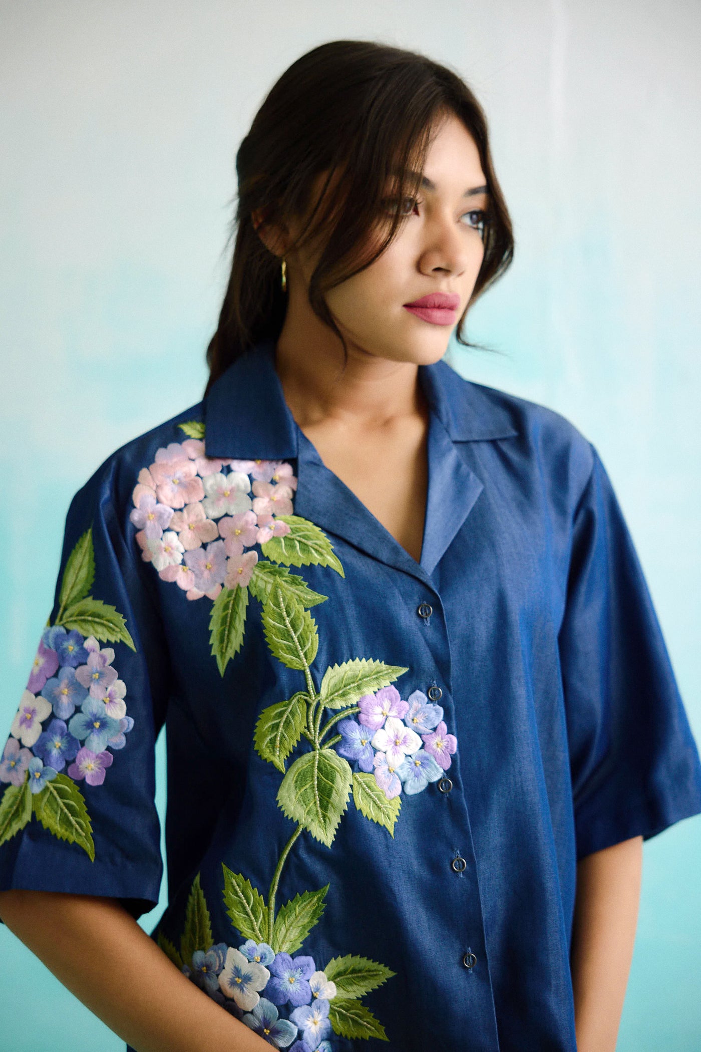 Denim Hydrangea Half Sleeve Embroidered Shirt