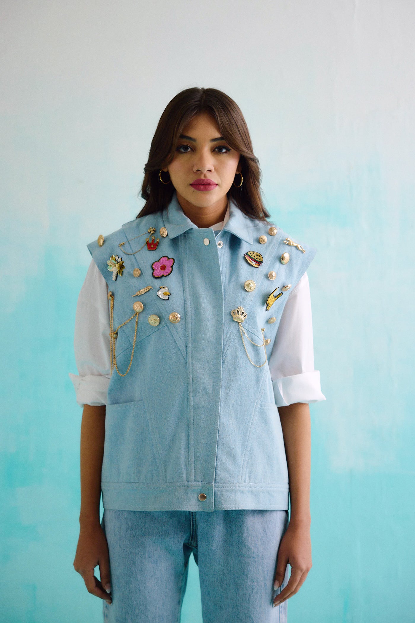 Denim Sleeveless College Jacket