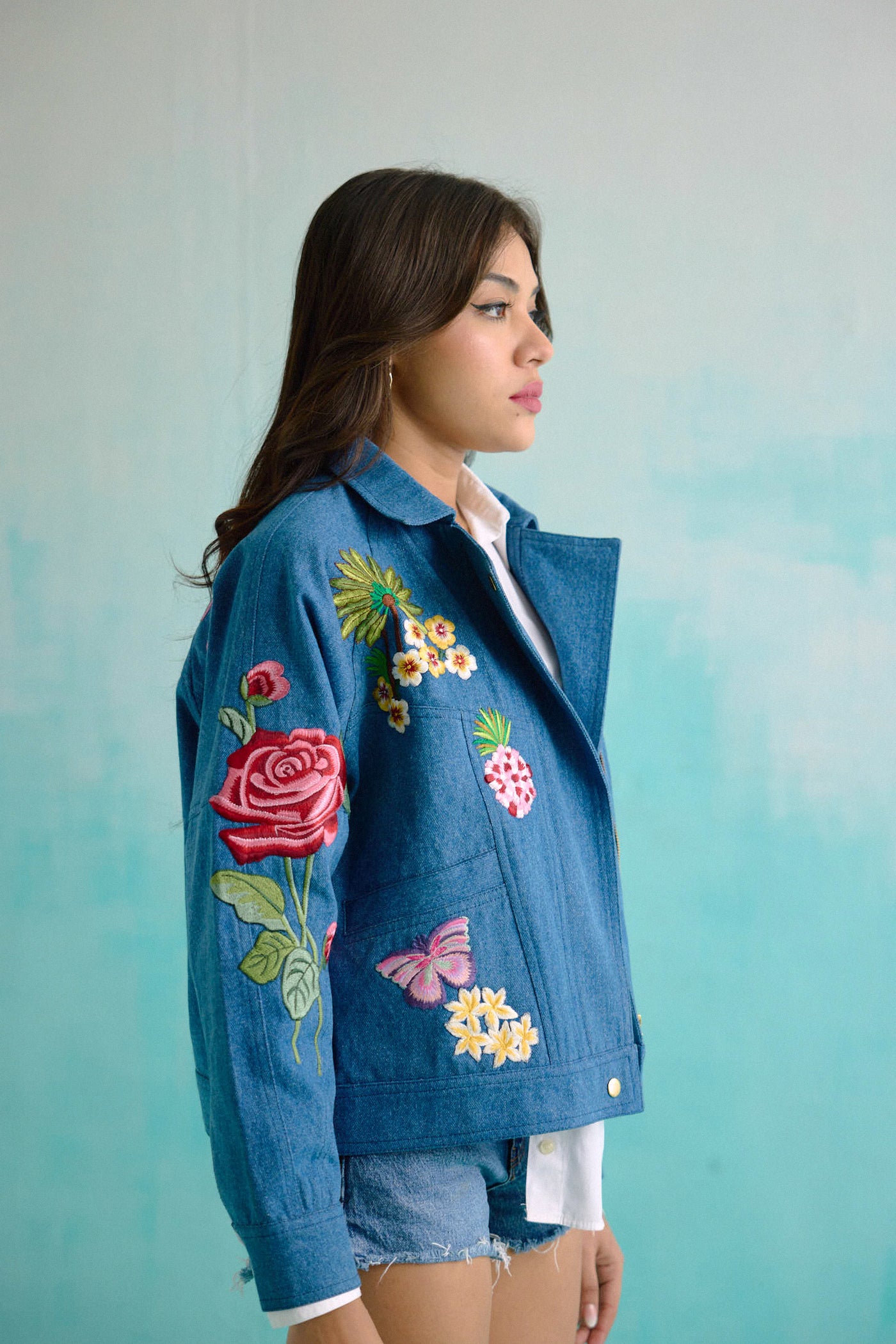 Denim Embroidered Floral Biker Jacket