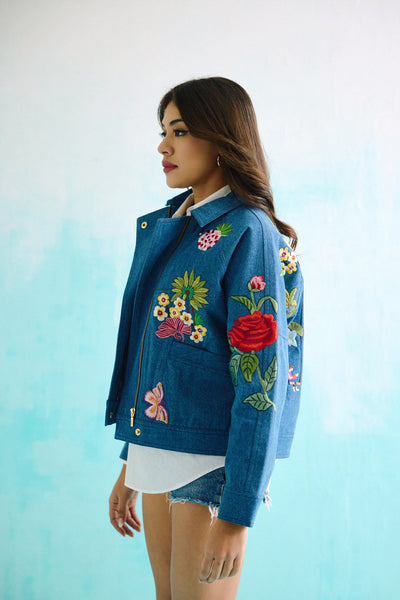 Denim Embroidered Floral Biker Jacket